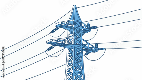 A blue graphic illustration of a tall, metal power transmission tower with thick cables