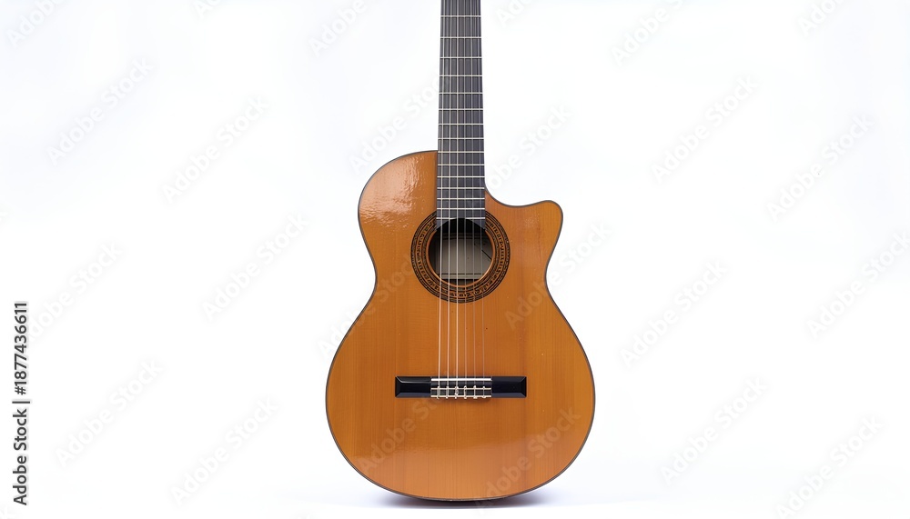 Obraz premium professional classical acoustic guitar with a wooden body and cutaway design isolated on a clean white background. acoustic guitar close up
