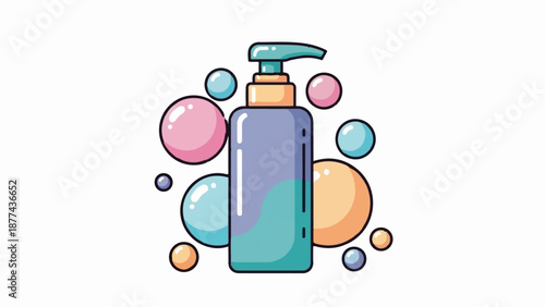 A cartoon pump bottle with colorful bubbles surrounding it