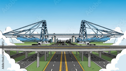 A cartoon-style illustration depicts a futuristic cityscape with elevated highways and massive industrial cranes under a bright blue sky