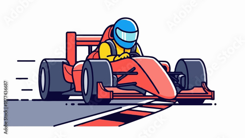 A cartoon racing car speeds along a track with a driver in a blue helmet