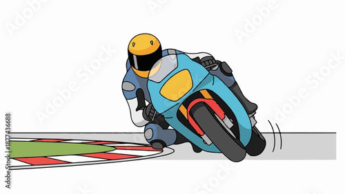 A cartoon racer leans a blue motorcycle into a sharp turn on a track with red and green markings
