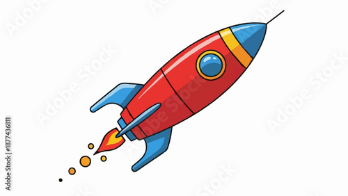 A cartoon rocket ship with blue fins and a yellow and blue nose cone soars upwards, emitting flames
