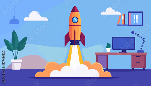 A cartoon rocket blasts off from an office desk with plants and computer