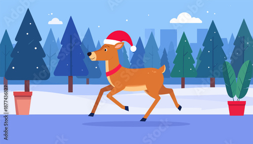 A cartoon reindeer wearing a Santa hat trots through a snowy forest