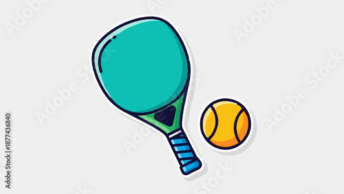 A cartoon-style illustration of a teal tennis racket and a yellow tennis ball