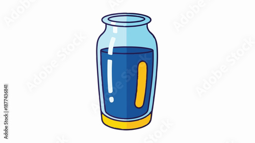 A blue drink in a clear glass jar with a yellow base and an orange oval