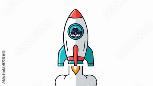 A cartoon rocket ship with three astronauts inside is launching, leaving a trail of smoke