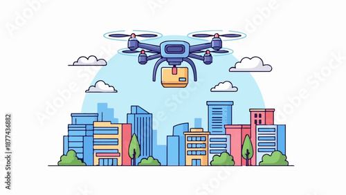 A blue drone carrying a yellow package flies over a stylized city skyline with clouds
