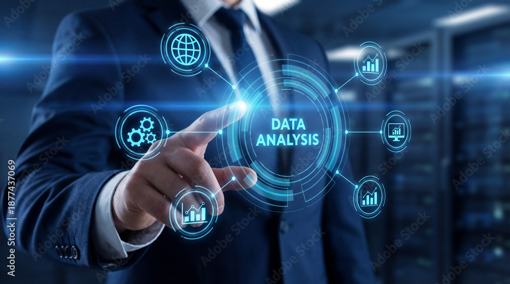 Obraz premium Business professional touching data analysis interface, visualizing metrics, trends and insights for strategic decisions, performance monitoring and intelligent digital business optimization.
