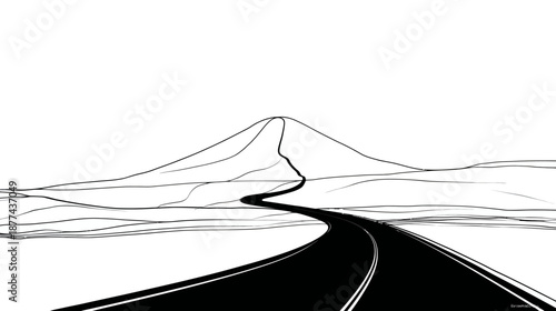 A simple, minimalist black and white artwork. A road curves towards a mountain. The sky is white