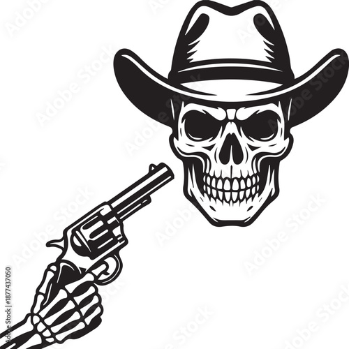 Monochrome vintage illustration of a dangerous cowboy skull wearing a Western hat, aiming a classic revolver held by a menacing skeleton hand.