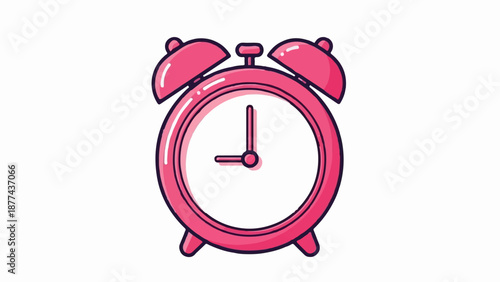 A cartoon-style pink alarm clock with two bells and a white face showing nine o'clock