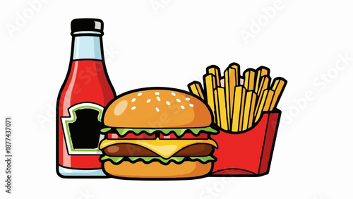 A cartoon hamburger with cheese, lettuce, tomato, and fries, served with ketchup