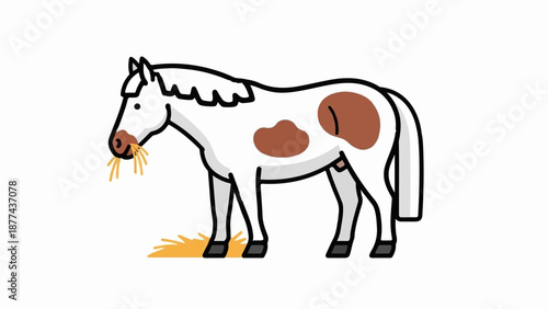 A cartoon-style pinto horse with brown patches eats hay