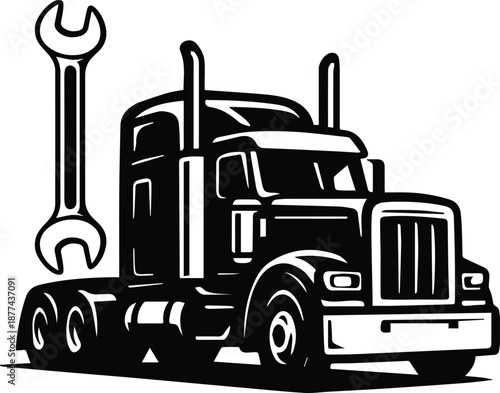 Black and white woodcut illustration of a powerful semi-truck tractor unit and large mechanic's wrench, symbolizing reliable heavy-duty transportation repair and maintenance.