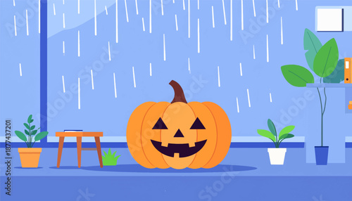 A carved jack-o'-lantern sits indoors on a rainy day, with potted plants and a stool nearby
