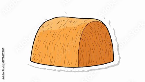 A cartoon hay bale, rendered in warm, earthy tones and textured with linear strokes, stands isolated against a white background