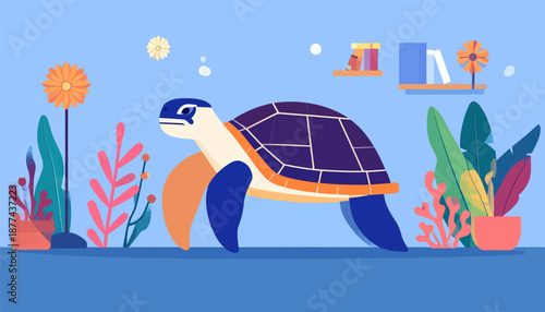 A cartoon sea turtle swims near colorful aquatic plants and flowers