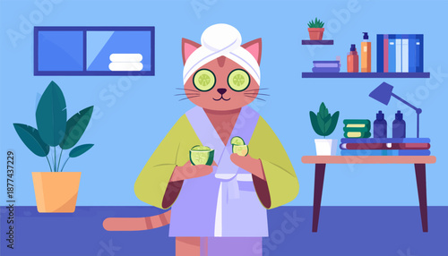 A cat in a bathrobe and towel, with cucumber slices, relaxes with a spa treatment