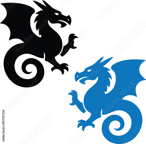 Black and blue powerful heraldic dragon silhouette vector icons symbolizing ancient mythology, fantasy, strength, and medieval legend logo design.