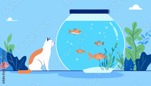 A cat sits beside a fishbowl filled with orange and brown fish and bubbles