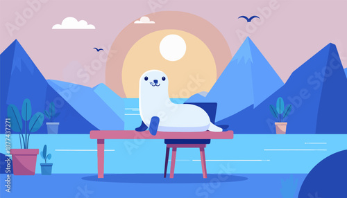 A cartoon seal sits on a stool in front of mountains, sun, and birds