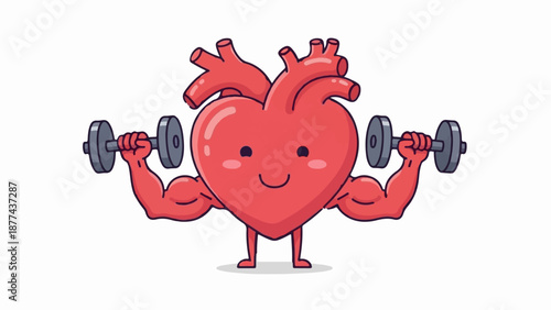 A cartoon heart with muscular arms lifts dumbbells, flexing