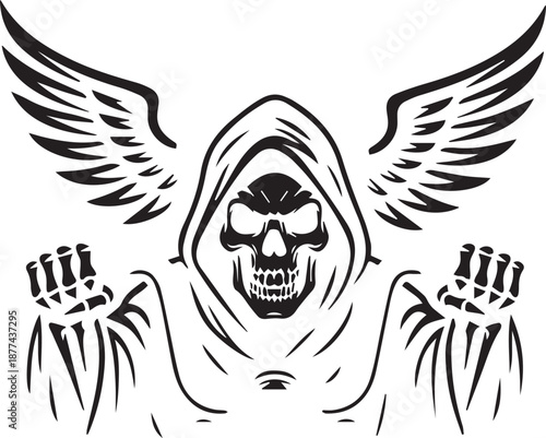 Menacing winged Grim Reaper skull vector graphic illustration with skeletal hands raised, symbolizing death and dark power in vintage tattoo style.