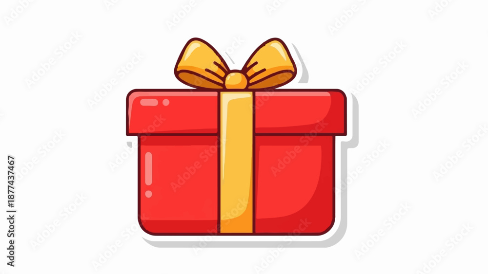 Obraz premium A bright red gift box with a golden ribbon and bow sits centered on a white background