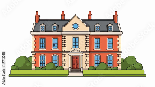 A charming, symmetrical red brick mansion with a pale central facade, dormer windows, chimneys, and lush green landscaping