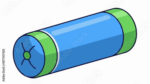 A cartoon illustration of a blue cylindrical object with green ends and a white stripe