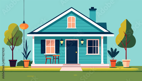 A charming teal house with a porch, two chairs, and two potted trees