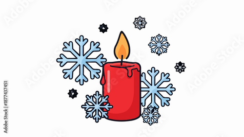 A bright red candle burns amidst falling blue snowflakes on a white background