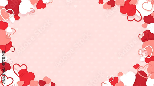 A soft pink background with a decorative border of various sizes and shades of hearts, perfect for romantic themes and Valentine's Day designs