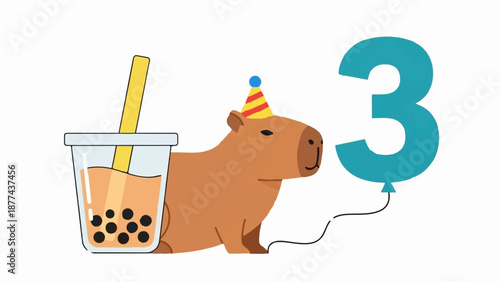 A capybara wearing a party hat, holding a bubble tea, and a balloon shaped like a number 3