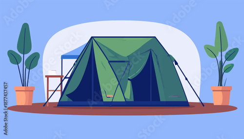 A canvas tent with green and dark blue panels is set up, flanked by potted plants