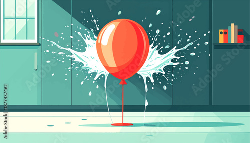 A bright red balloon bursts, sending water droplets flying in a room