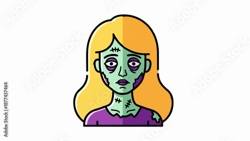 A cartoon illustration of a female zombie with blonde hair