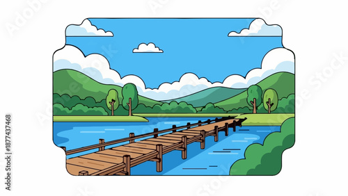 A charming wooden pier stretches across a tranquil blue river, surrounded by lush green hills and fluffy white clouds