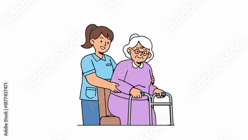 A caregiver assists an elderly woman with a walker