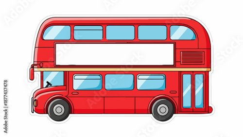 A bright red, cartoon double-decker bus with large blue windows and a blank advertising panel