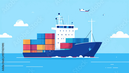 A cargo ship carries colorful containers across a calm blue ocean under a bright sky