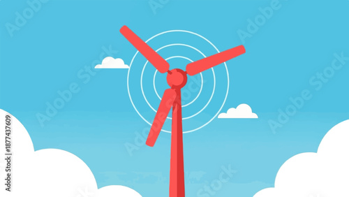 A bright red wind turbine stands tall against a clear blue sky with fluffy white clouds