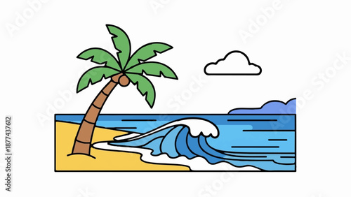 A cartoon beach scene with a palm tree, breaking wave, and a cloud