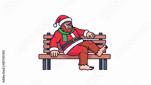 A cartoon bigfoot wearing a Santa hat and suit relaxes on a park bench