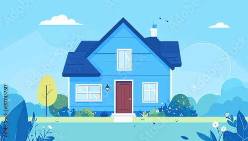 A cheerful blue house stands amidst lush green surroundings under a clear sky