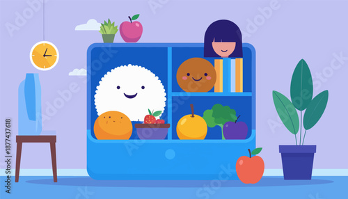 A cheerful blue lunchbox filled with cute, smiling food items and a few colorful fruits