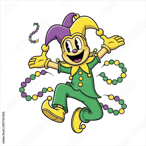 Jubilant cartoon jester celebrates with colorful mardi gras beads and festive spirit