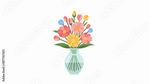 A cheerful bouquet of colorful flowers in a clear glass vase